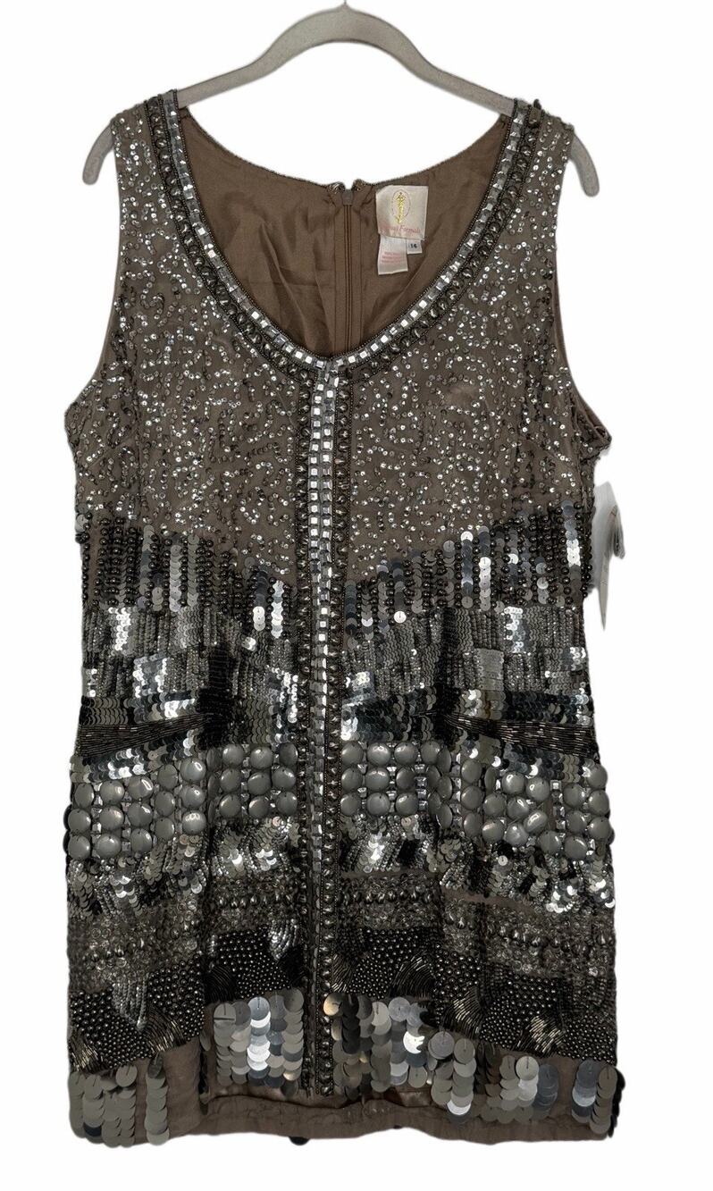Precious Formals 100% Silk Beaded Gray Sleeveless Mini Dress Size 14